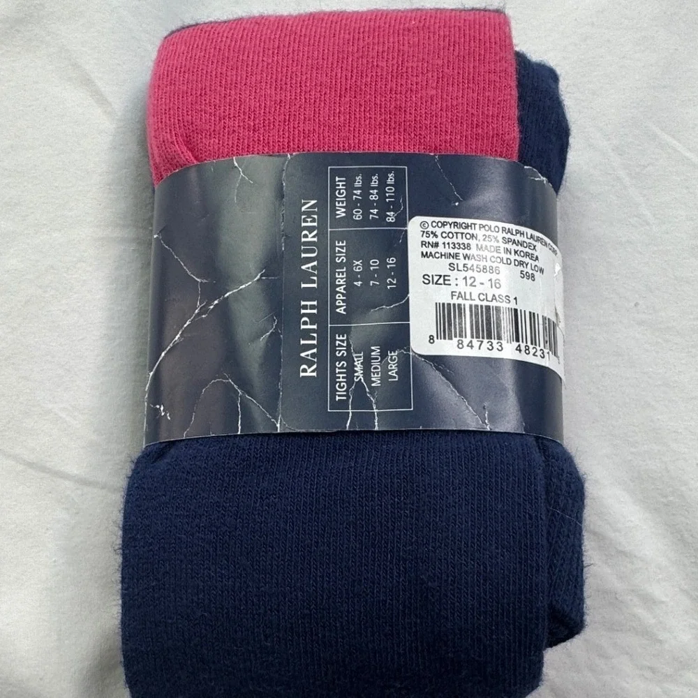 Ralph Lauren Girls Large Navy Blue Cotton Blend Tights Pink Green Stripe New